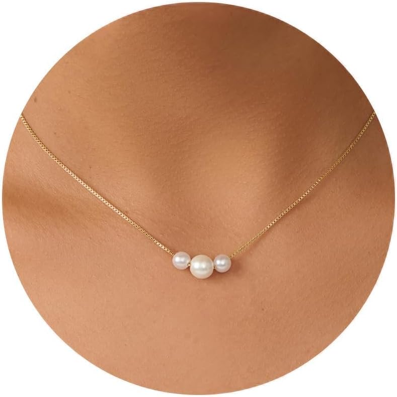 PRTGL Store Pearl Necklace: 14K Gold-Plated/White Gold-plated Pearl Necklace for Women 16.5” + 2” - Image 1